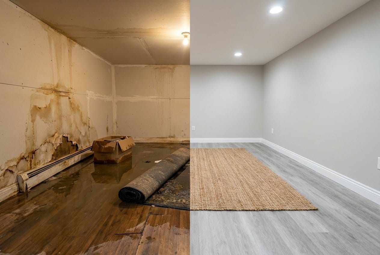 Water Damage Restoration before and after in residential basement, Cresskill NJ