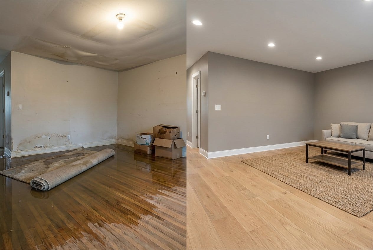 Emergency Water Removal before and after in living room, Cresskill NJ