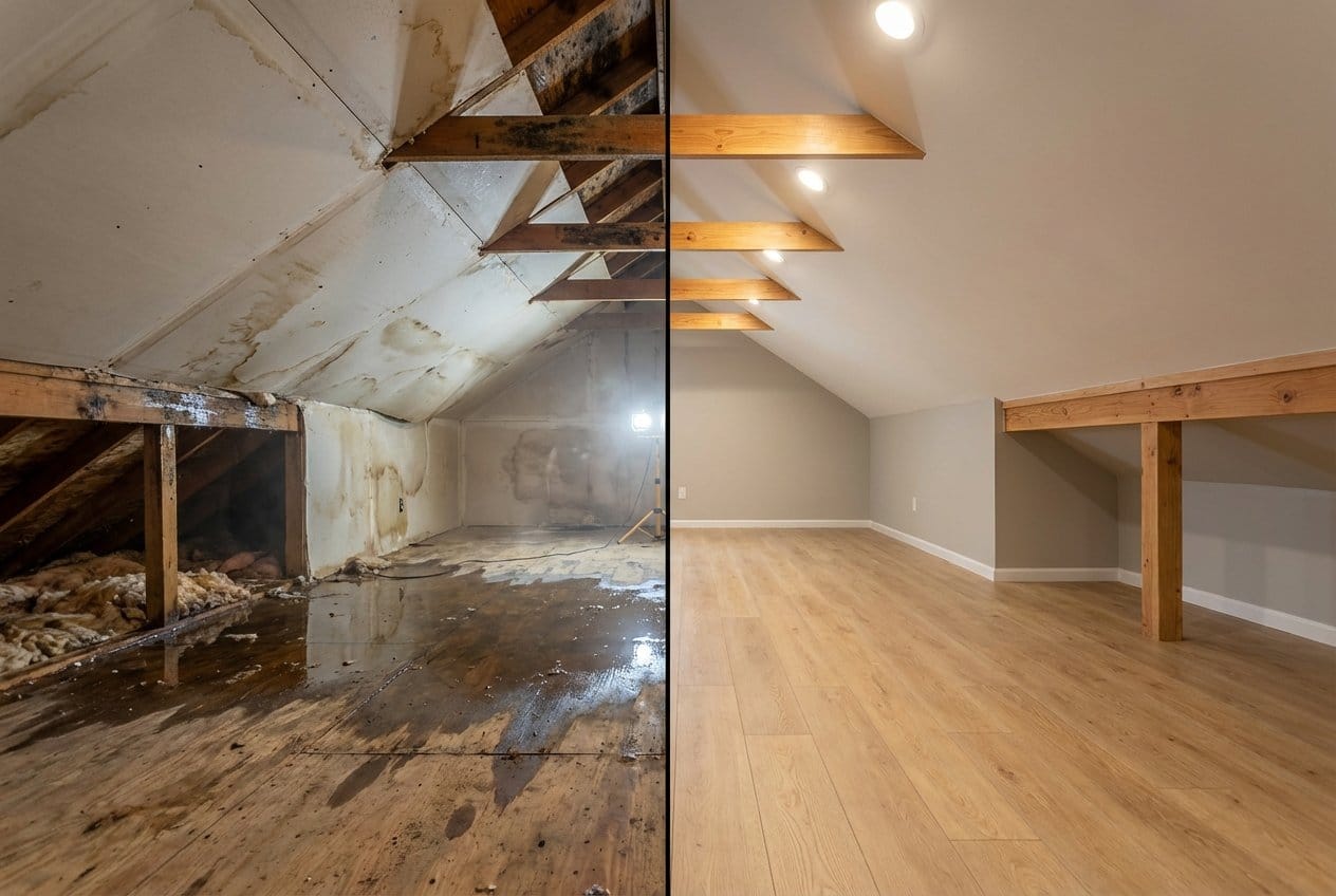 Before and after basement flood cleanup in Cresskill commercial property attic space