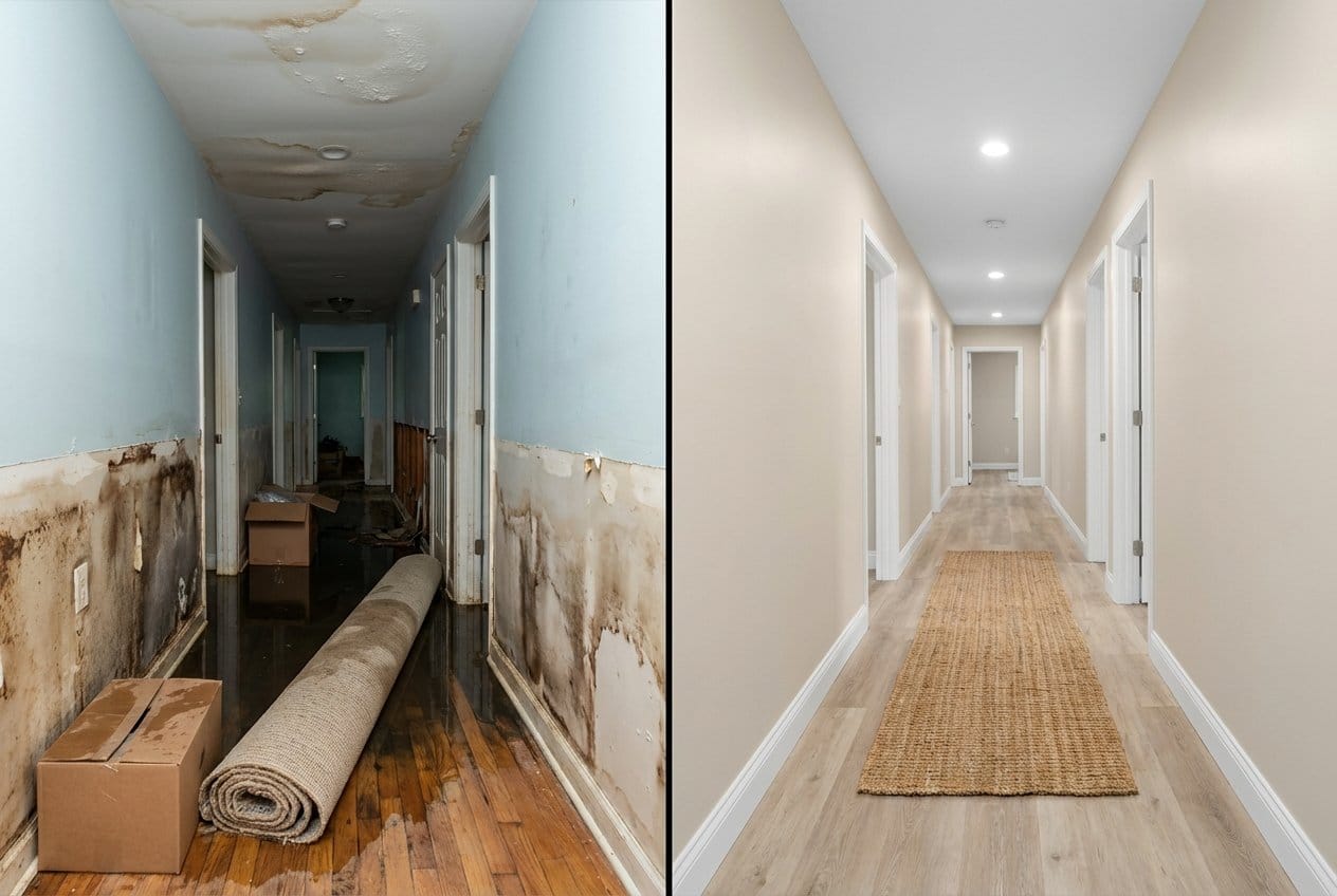 Burst Pipe & Plumbing Leak Damage before and after in hallway, Cresskill NJ