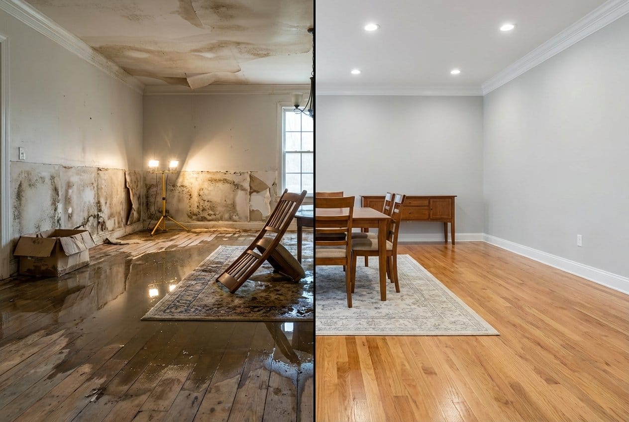 Before and after burst pipe & plumbing leak damage in Cresskill bungalow dining room