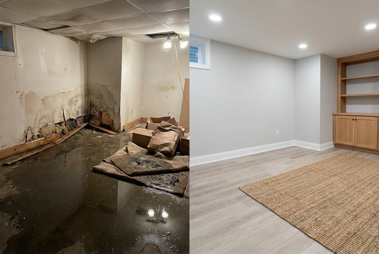 Storm & Roof Leak Water Damage before and after in finished basement, Cresskill NJ
