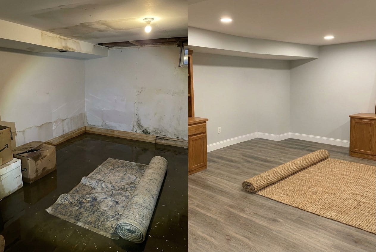 Sewage Backup Cleanup before and after in residential basement, Cresskill NJ