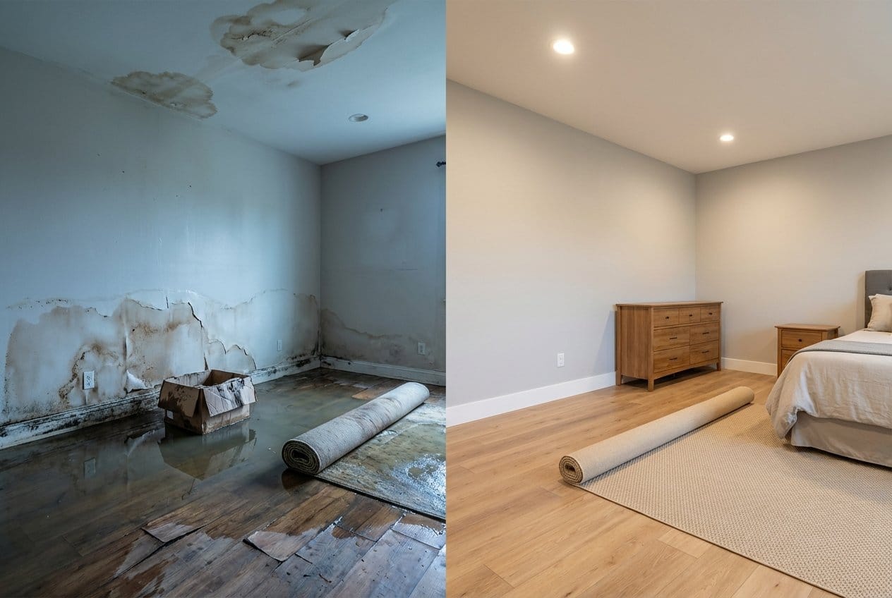 Before and after structural drying & dehumidification in Cresskill bi-level home bedroom