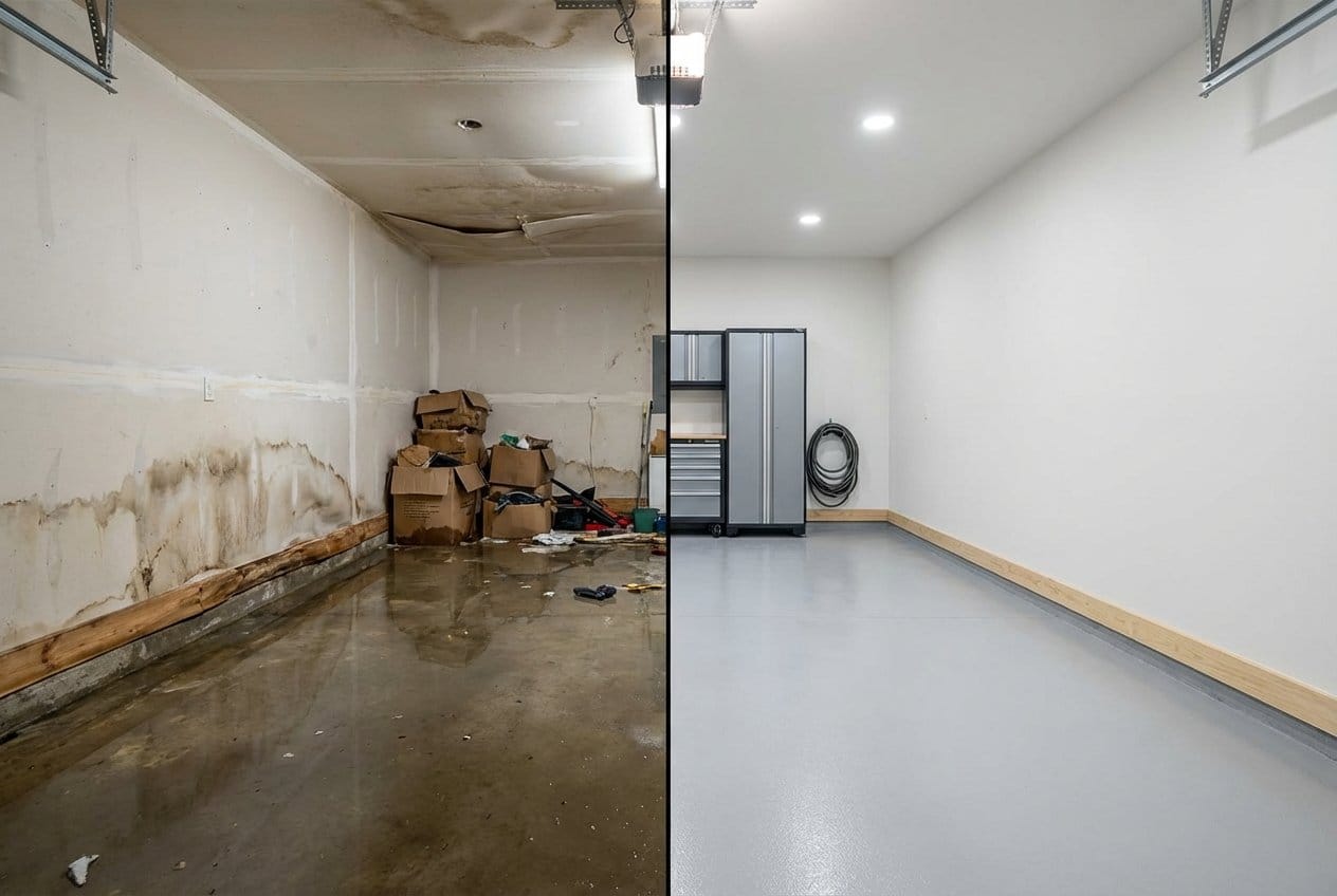 Carpet & Flooring Water Damage Cleanup before and after in garage, Cresskill NJ