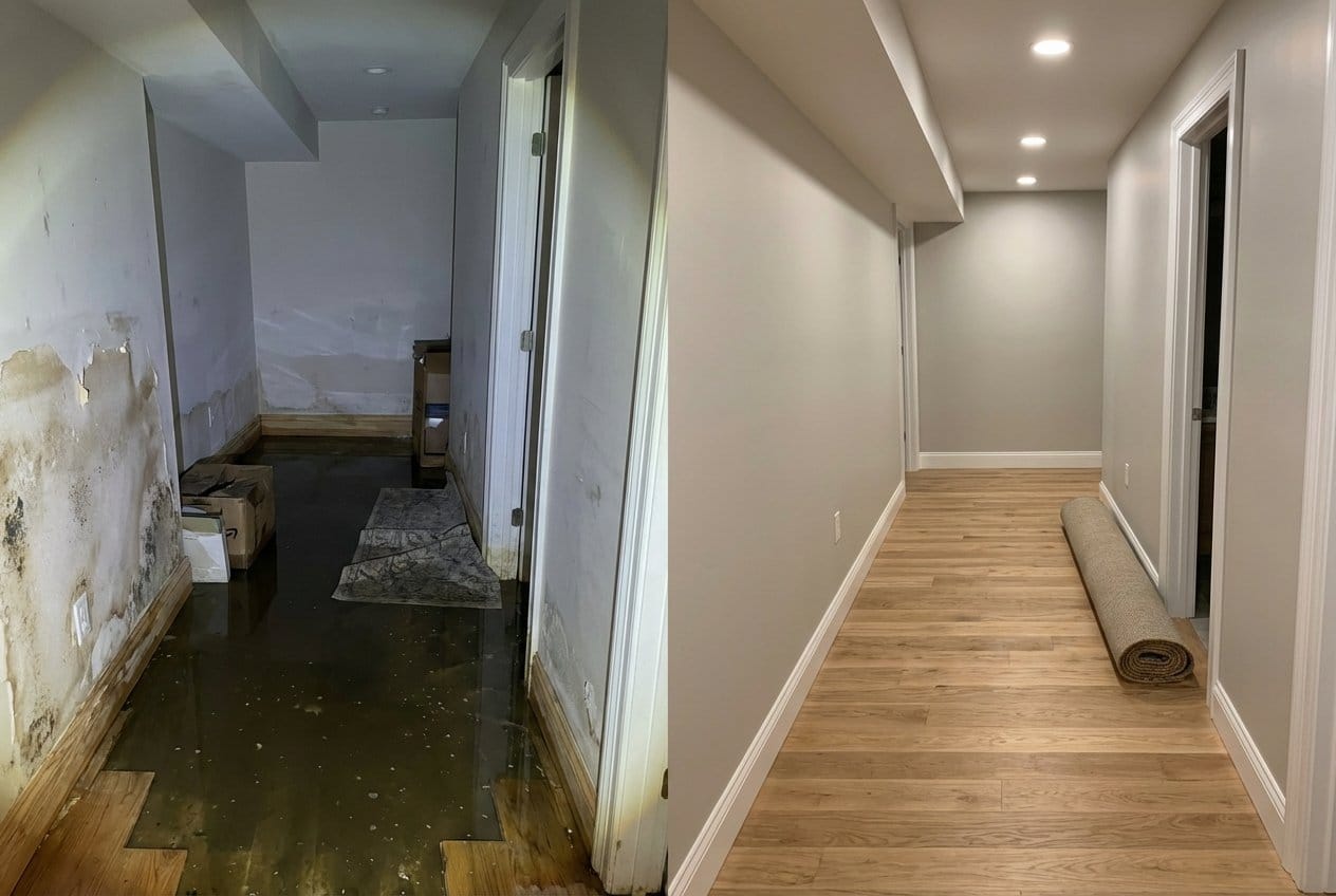 Wall & Ceiling Dry-Out before and after in hallway, Cresskill NJ
