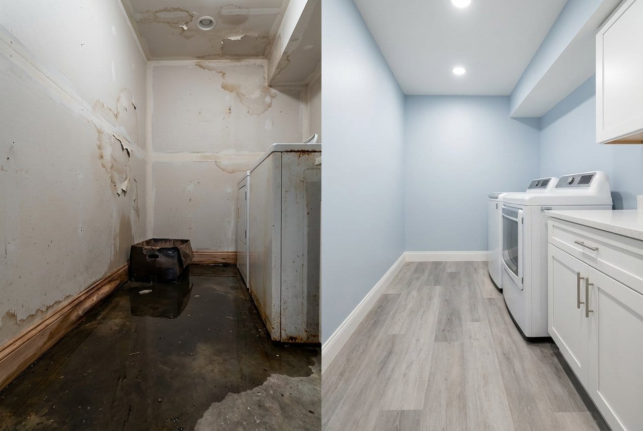 Wall & Ceiling Dry-Out restoration — laundry room of Cape Cod house in Cresskill, NJ