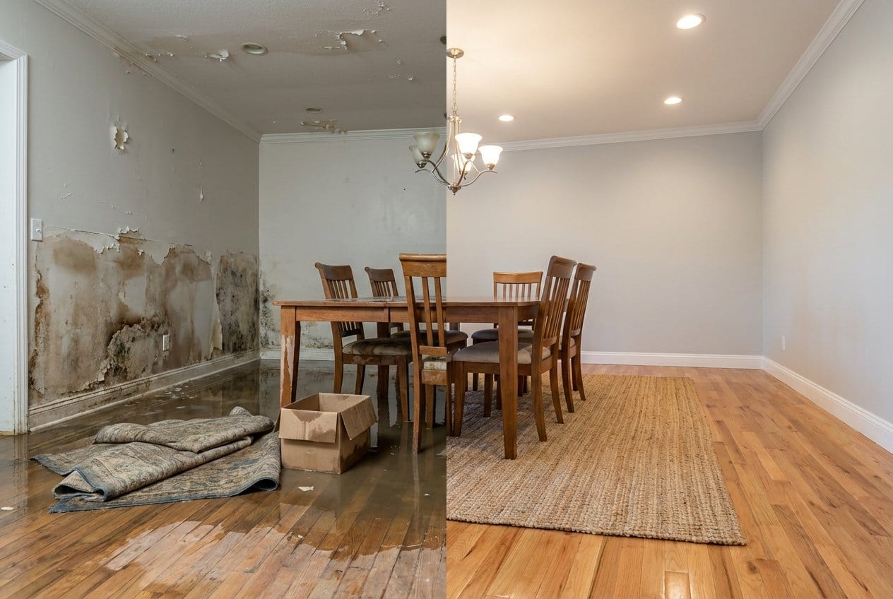 Before and after wall & ceiling dry-out in Cresskill ranch-style home dining room