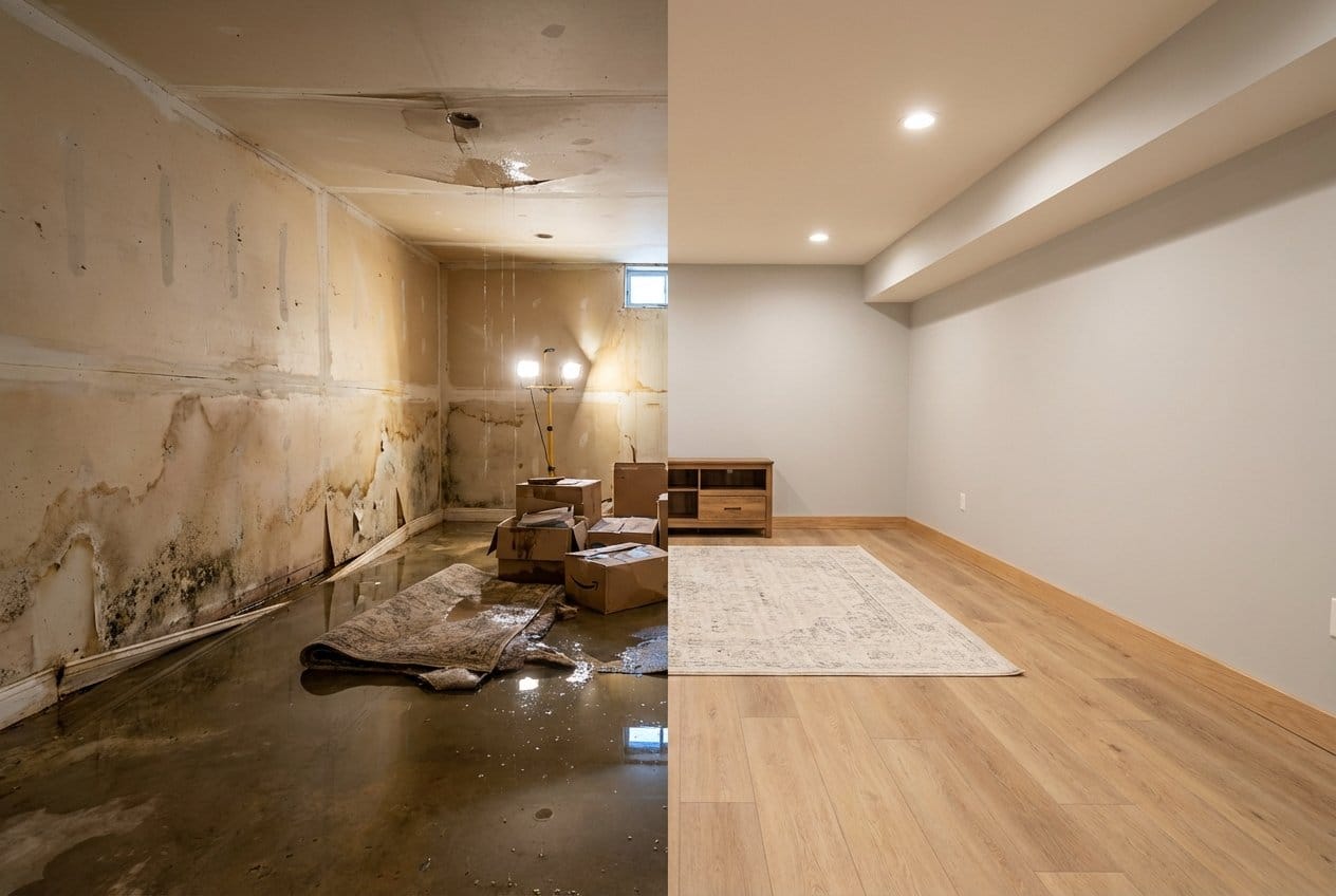 Content Drying & Property Cleanup before and after in finished basement, Cresskill NJ