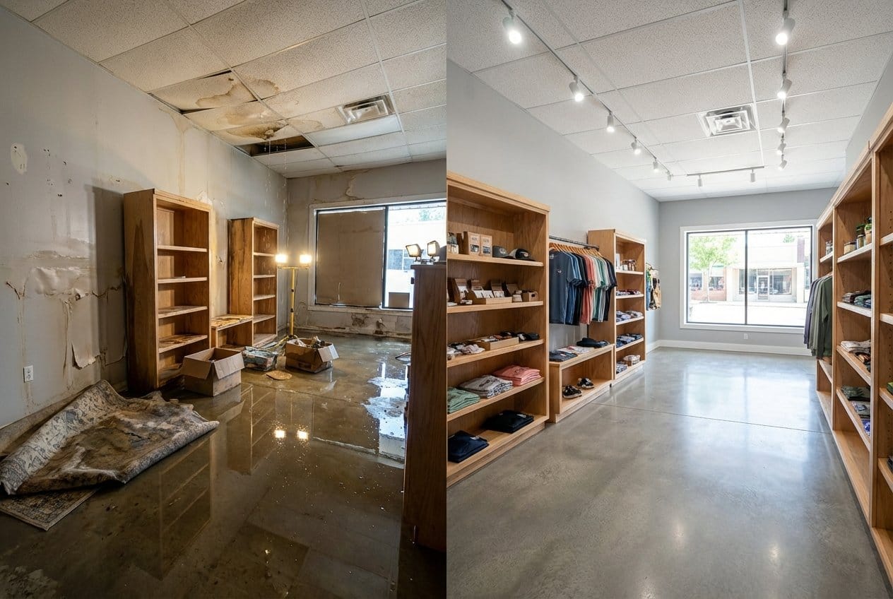 Before and after content drying & property cleanup in Cresskill townhouse storefront interior