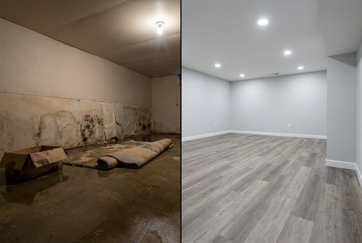 Mold Prevention After Water Damage before and after in residential basement, Cresskill NJ